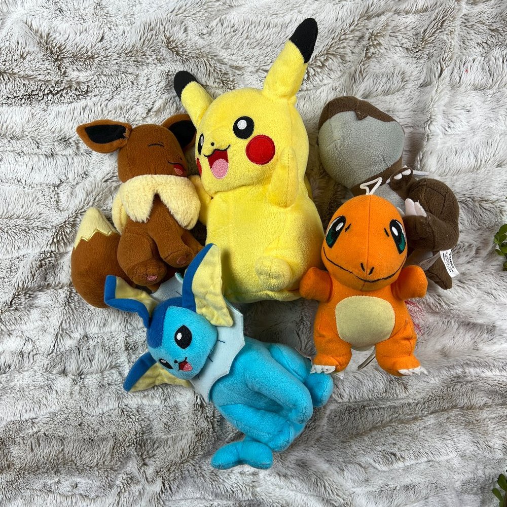 Pokemon Plush Stuffed Animal Bundle Pikachu Eevee Vaporeon Tyrunt Charmander